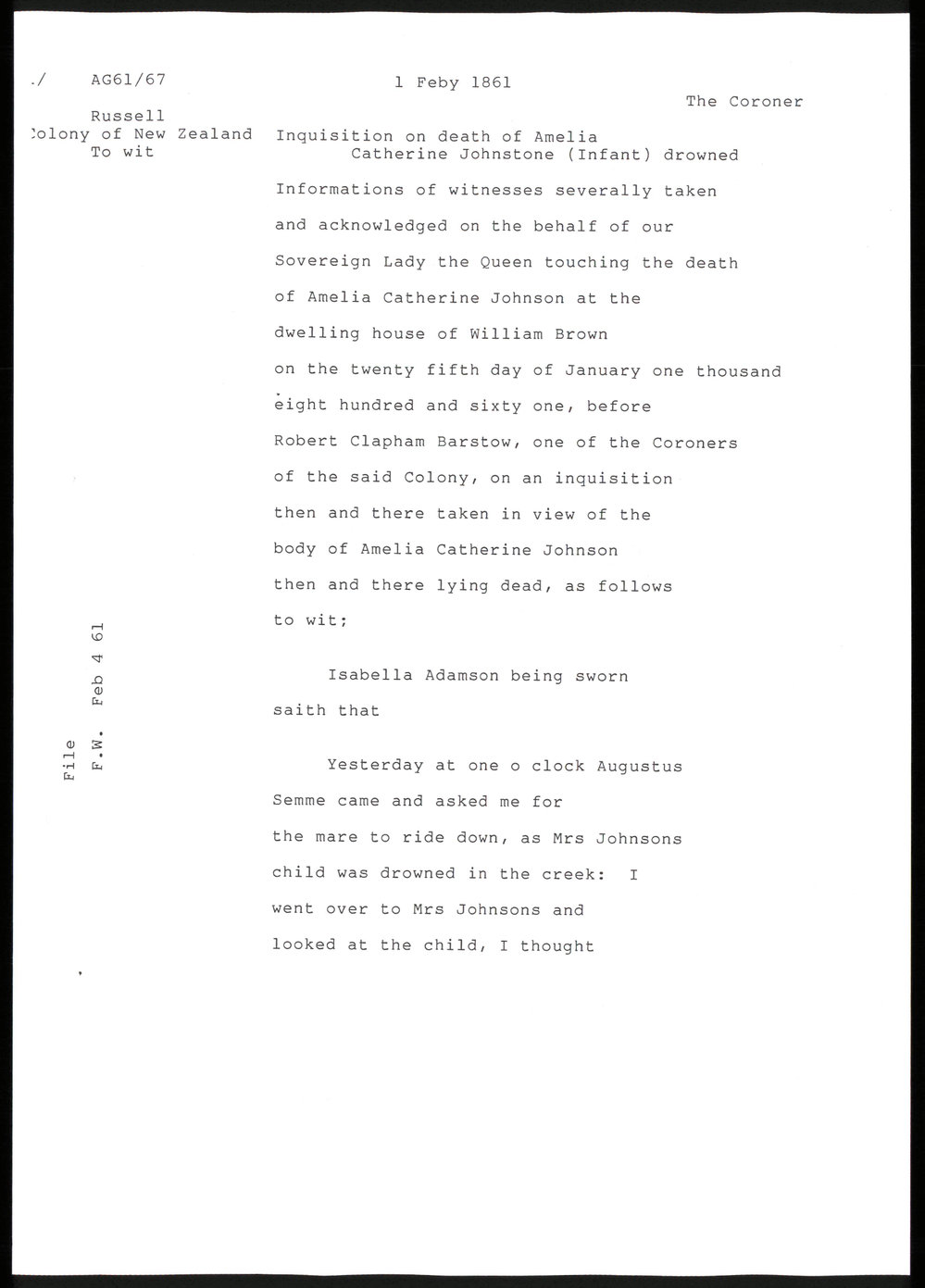 Inquisition on the death of Amelia Catherine Johnstone [sic] (infant) drowned