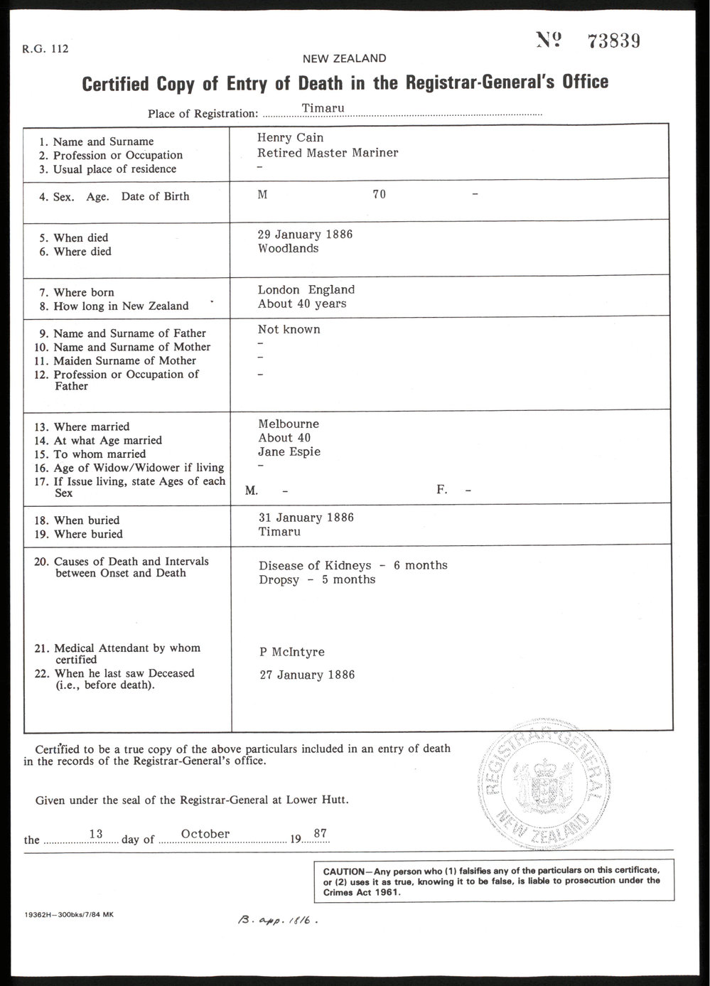 Various documents about Henry Cains