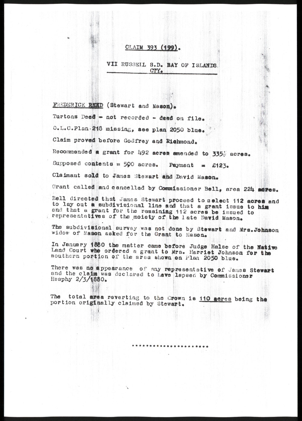 Land Claim 393 (199) and Grant of Frederick Reid to James Stewart and Harold Johnson