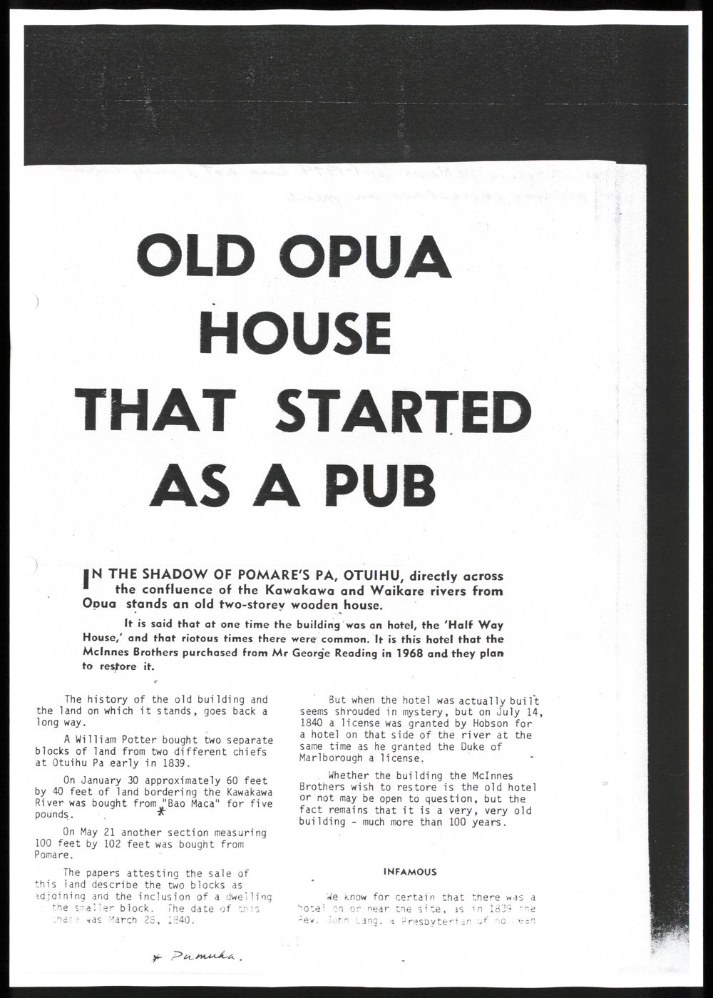 Old Opua house that started as a pub : The McInnes homestead : Copy of Judge Manning's report on William Cains' Otuihu land claim