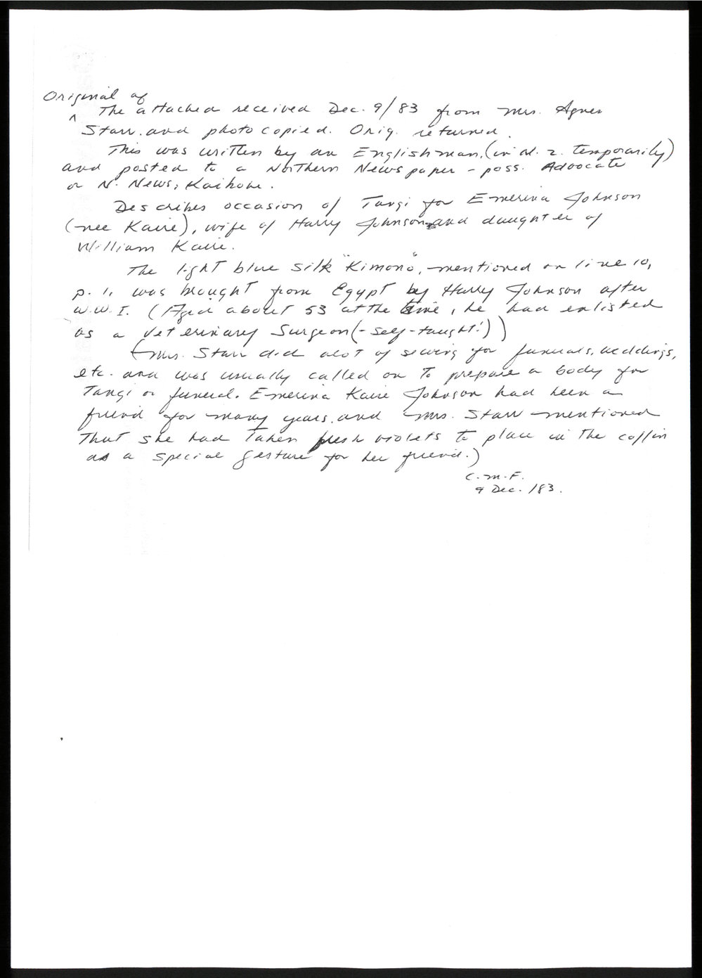 Letter describing the tangi of Emerina Johnson