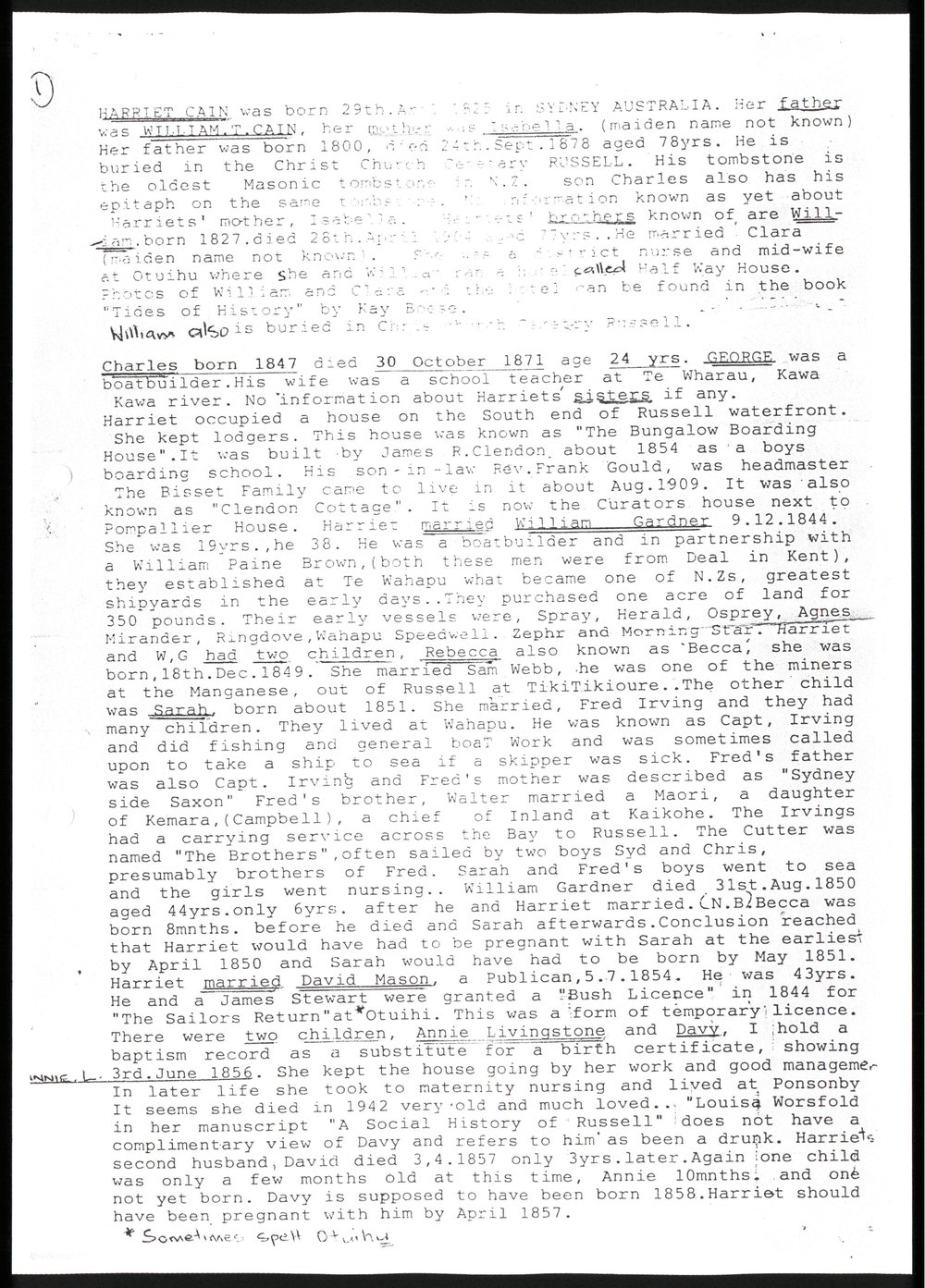 Biographical and genealogical notes about Harriet Cain and her family : photograph of Henry Edward Tautari Johnson : Chapter from The day before yesterday, entitled "Kerikeri" : Several letters about the Cains and Johnson families : The origin of the timb