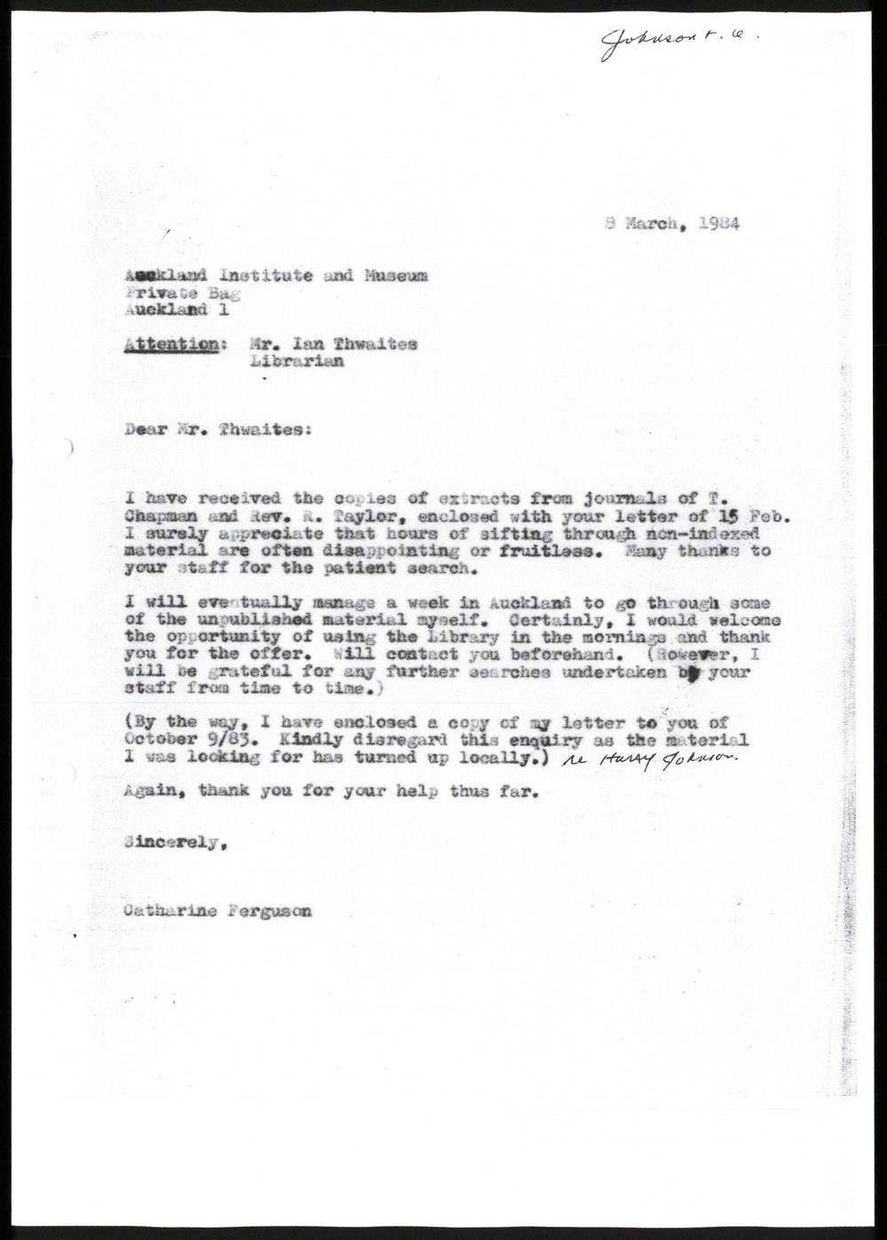 Correspondence regarding the journals of Henry Johnson : Biographical and genealogical notes about Henry Johnson