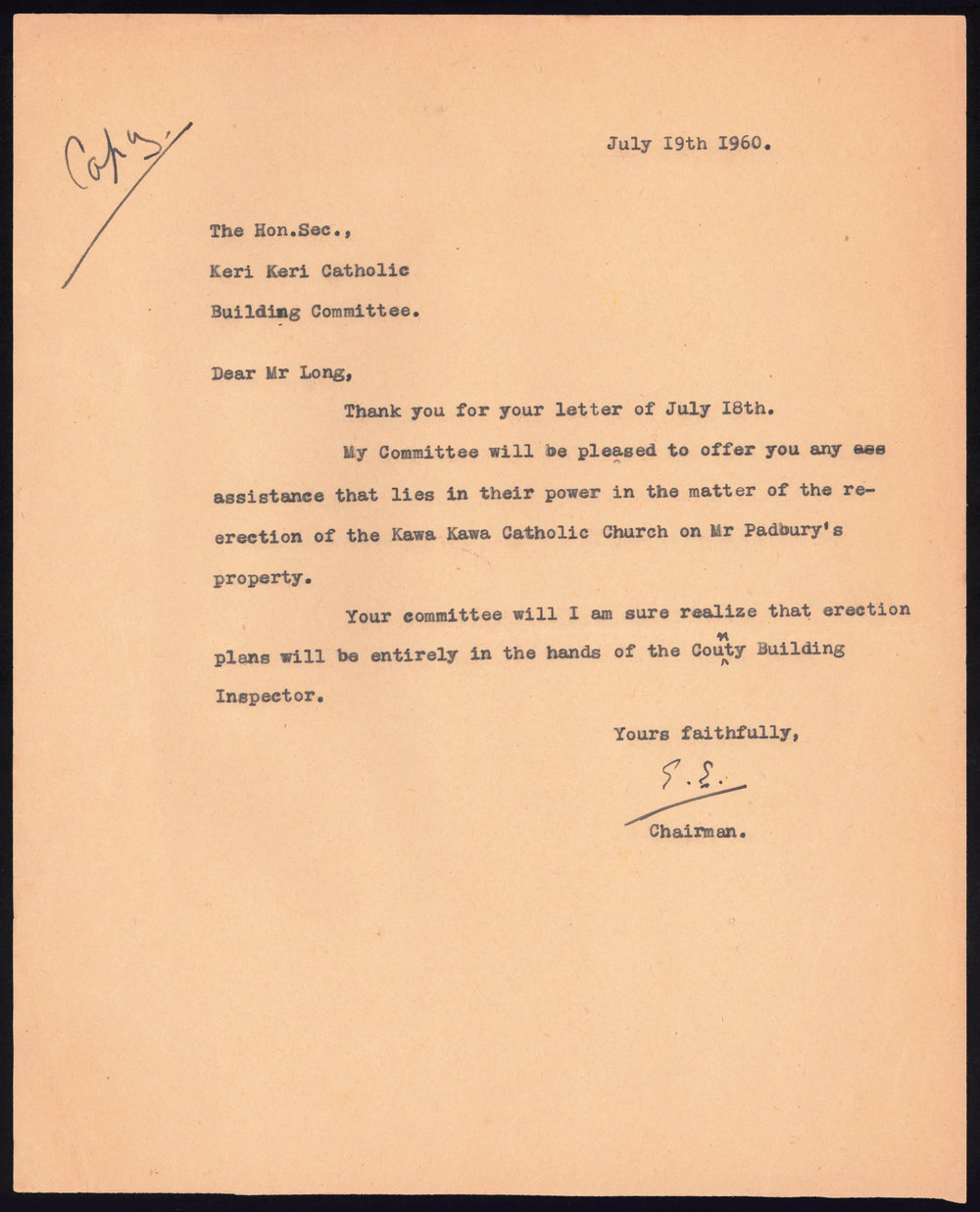Letter to the Kerikeri Catholic Church Building Committee