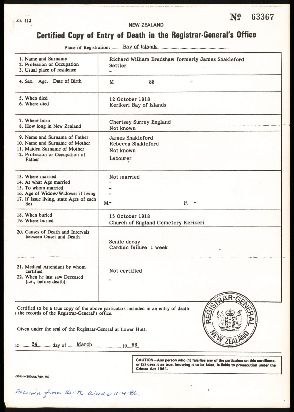 Death certificate of Richard William Bradshaw, formerly James Shackleford