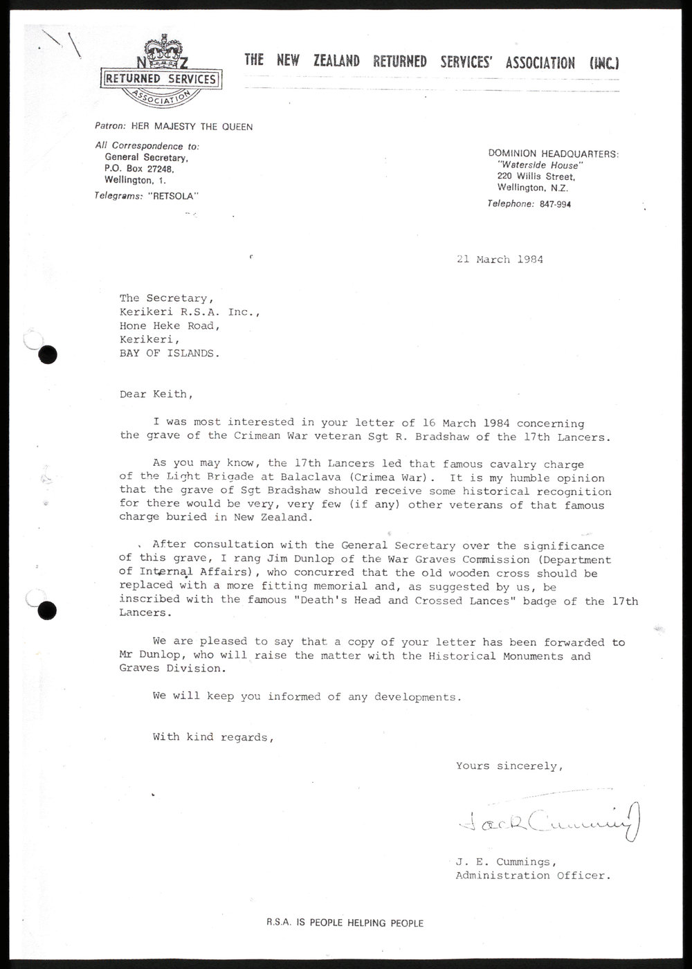 Letter from the New Zealand Returned Services Association to the Kerikeri branch