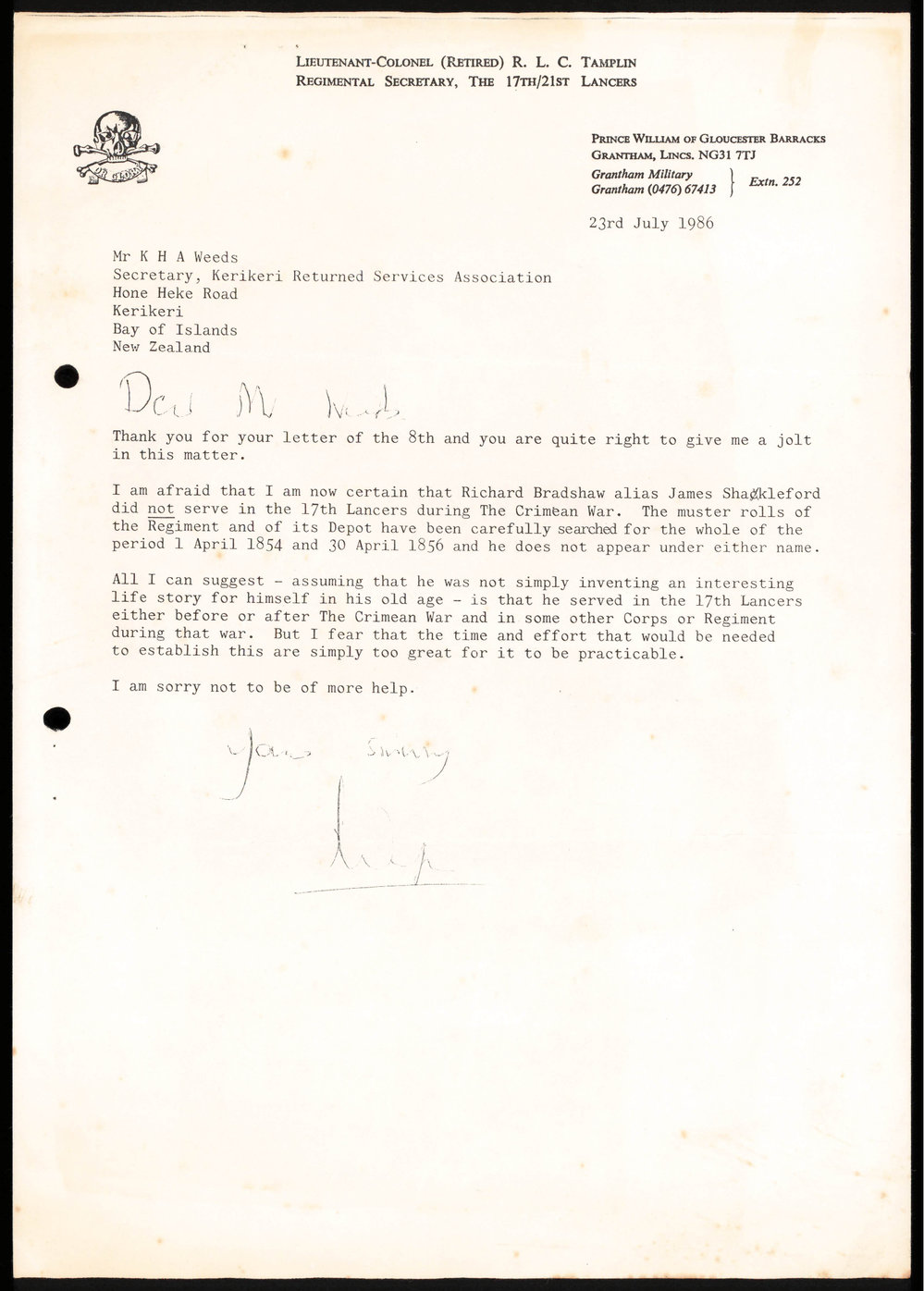 Letter from the Regimental Secretary, the 17th/21st Lancers to the Kerikeri Returned Services Association