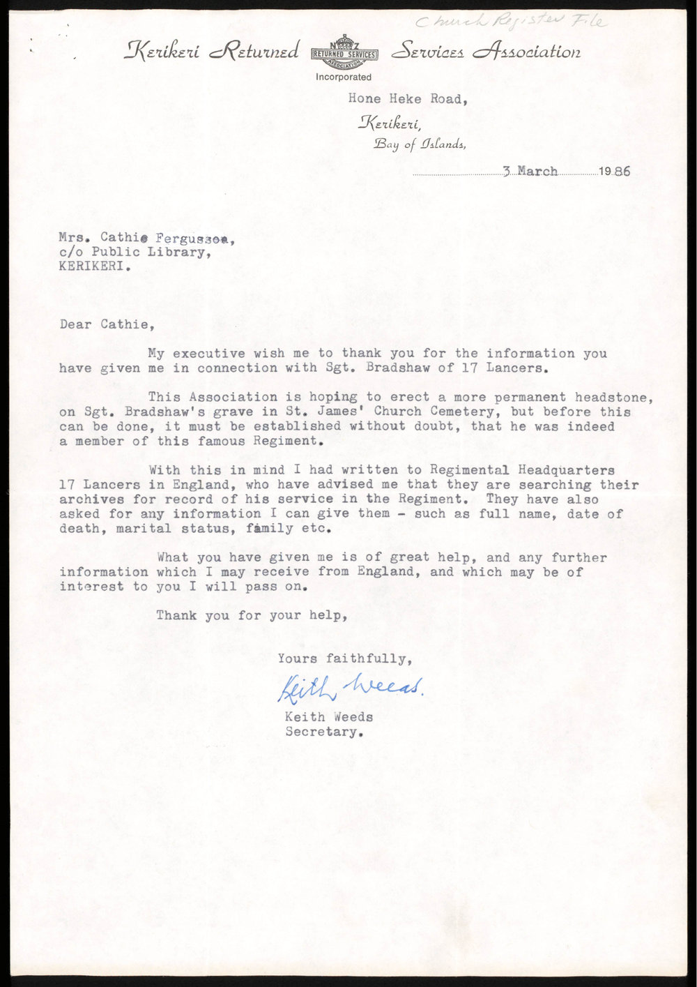 Letter from Kerikeri Returned Services Association to Kerikeri Public Library