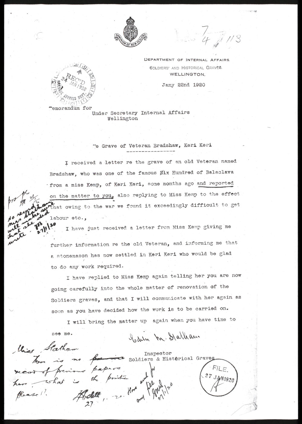 Memorandum for Under Secretary Internal Affairs Wellington