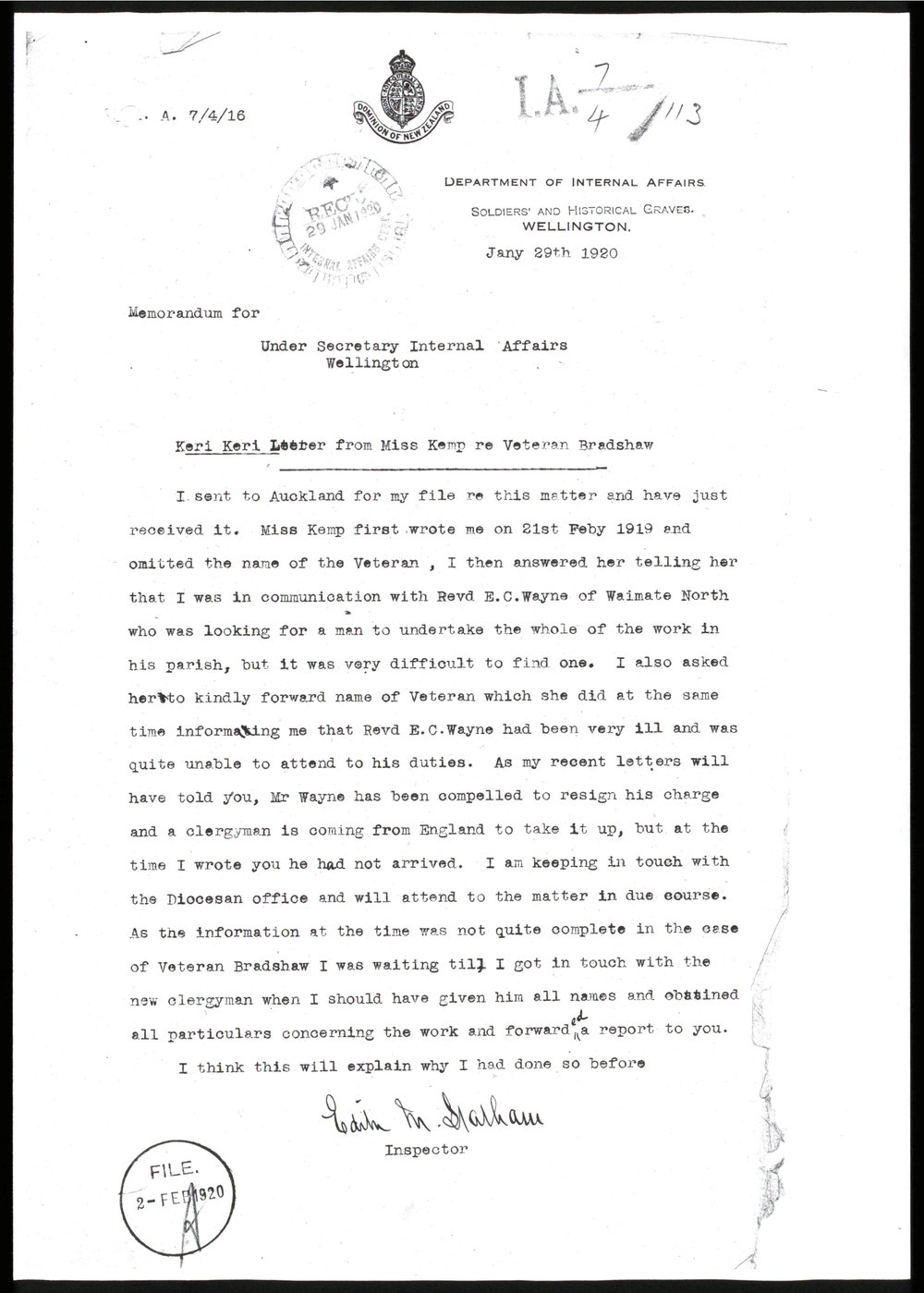 Memorandum for Under Secretary Internal Affairs Wellington
