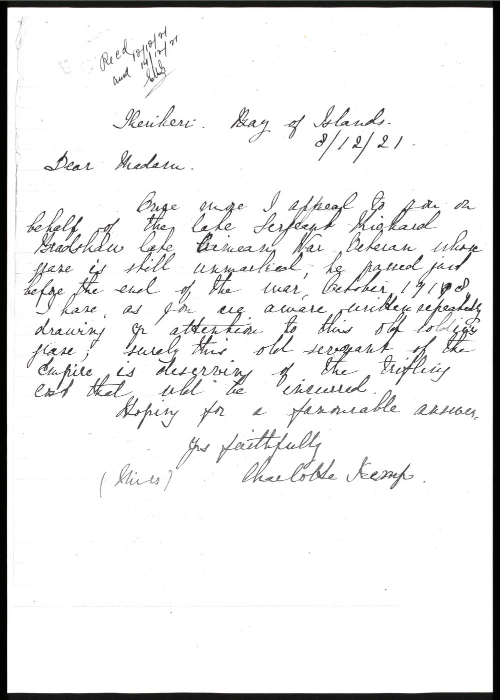 Letter from Charlotte Kemp