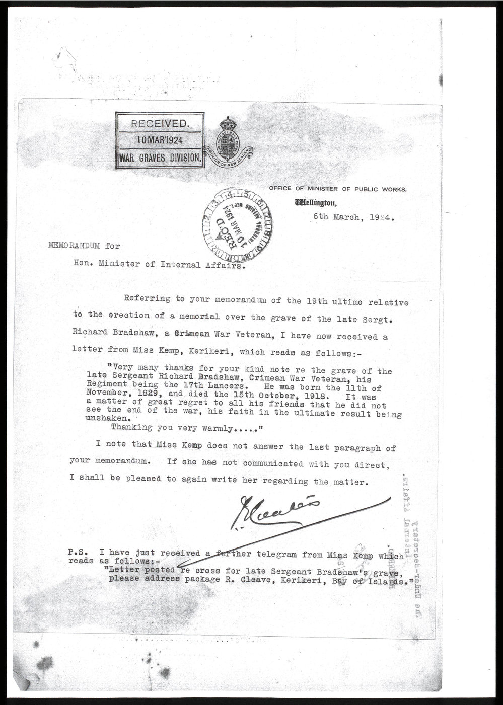 Memorandum for Hon. Minister of Internal Affairs