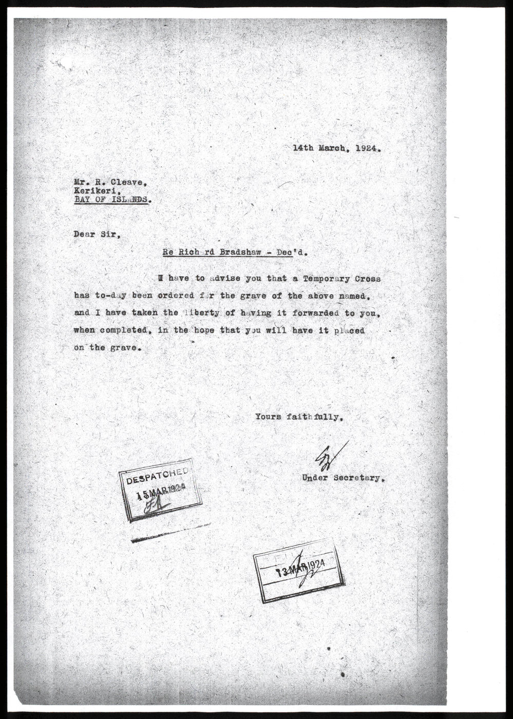 Letter to R. Cleave