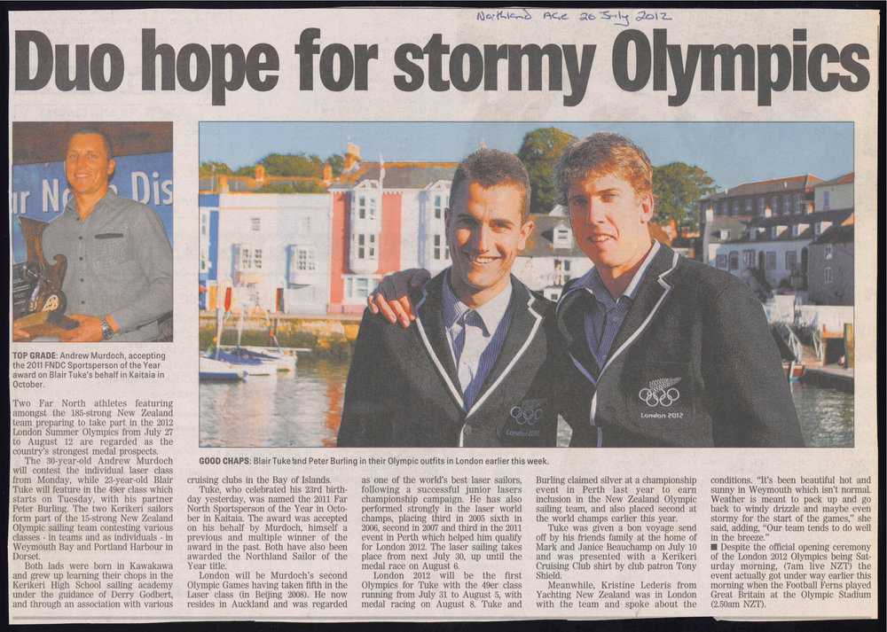Duo hope for stormy Olympics : Duo rejoin for harbour regatta : Special pins presented to Olympians : Tuke joins sport legends : Northland legends on right tack for NZ Sailing Awards : Other side of the rostrum