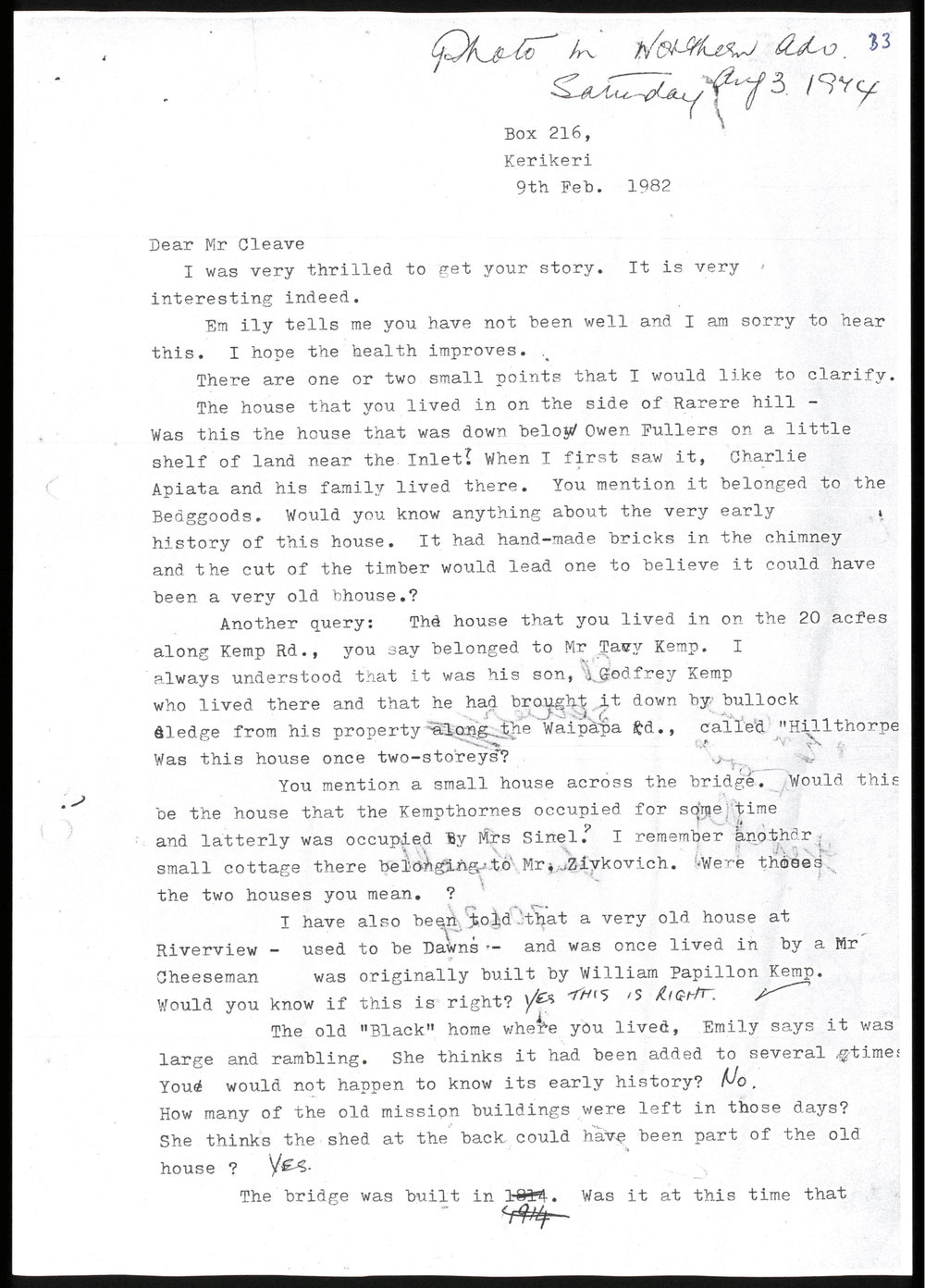 Letter from Nancy Pickmere to Mr Cleave