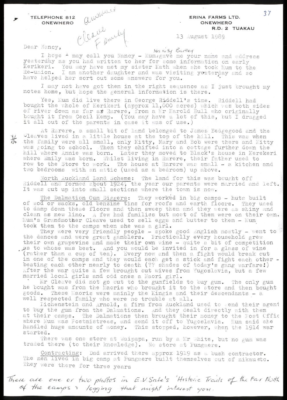 Letter from Irene Bronlund to Nancy Pickmere