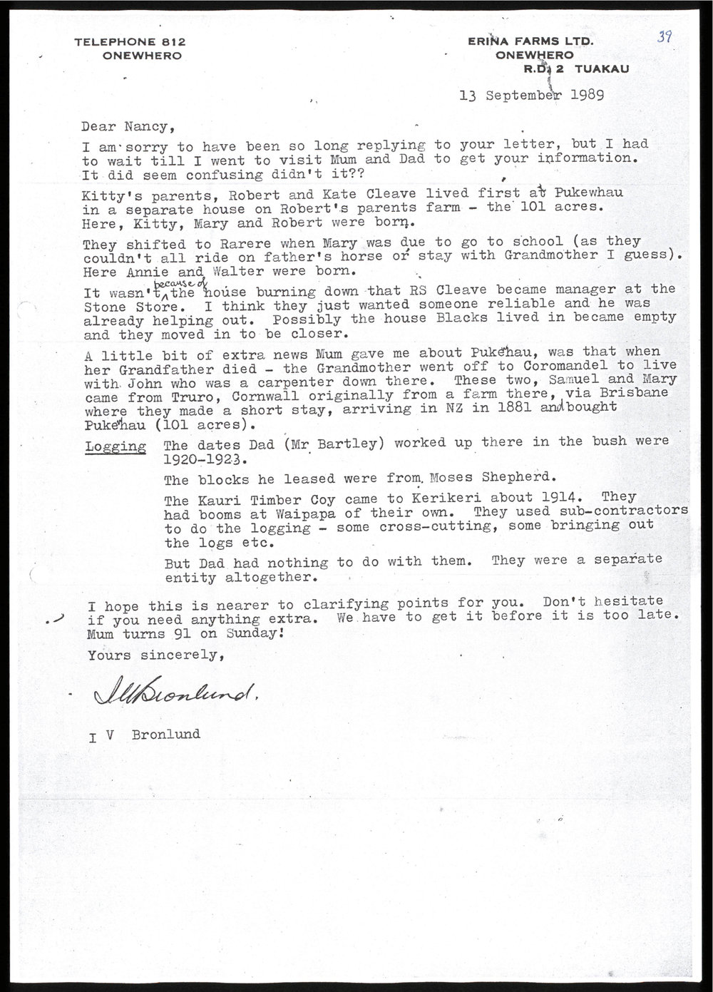 Letter from Irene Bronlund to Nancy Pickmere