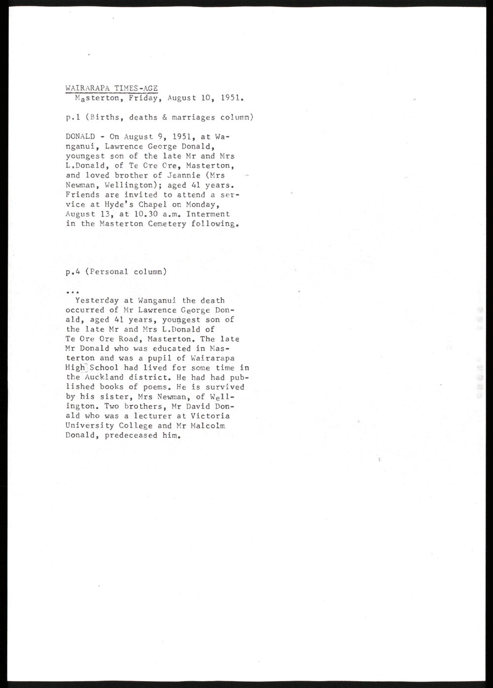 Photocopies of extracts from the Wairarapa Times Age 