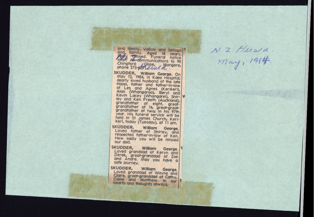 Notice of the death of William George Skudder