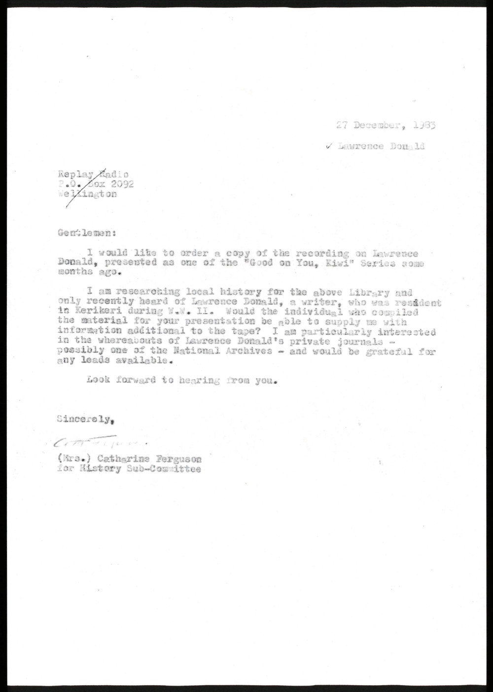 Letter from Catharine Ferguson to Replay Radio