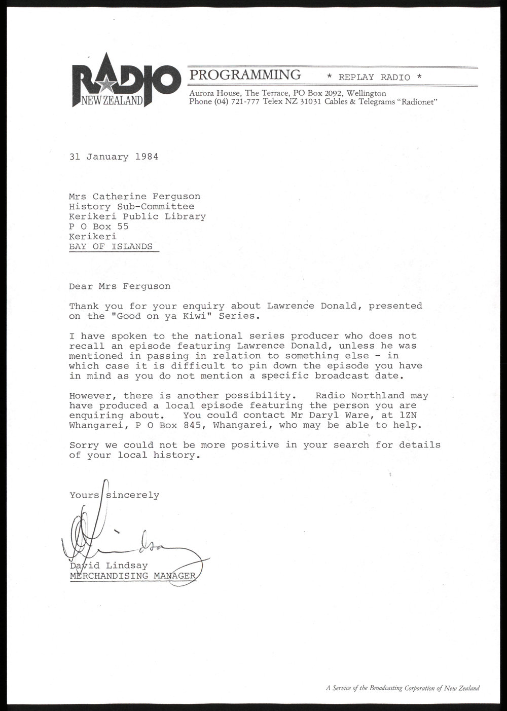 Letter from David Lindsay, Radio New Zealand, Replay Radio, to Catharine Ferguson