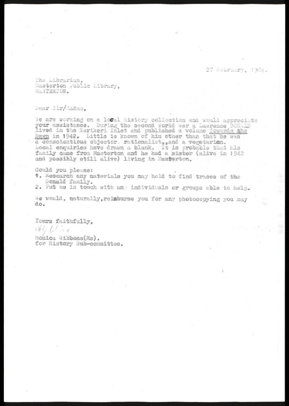 Letter from Monica Gibbons to Masterton Public Library