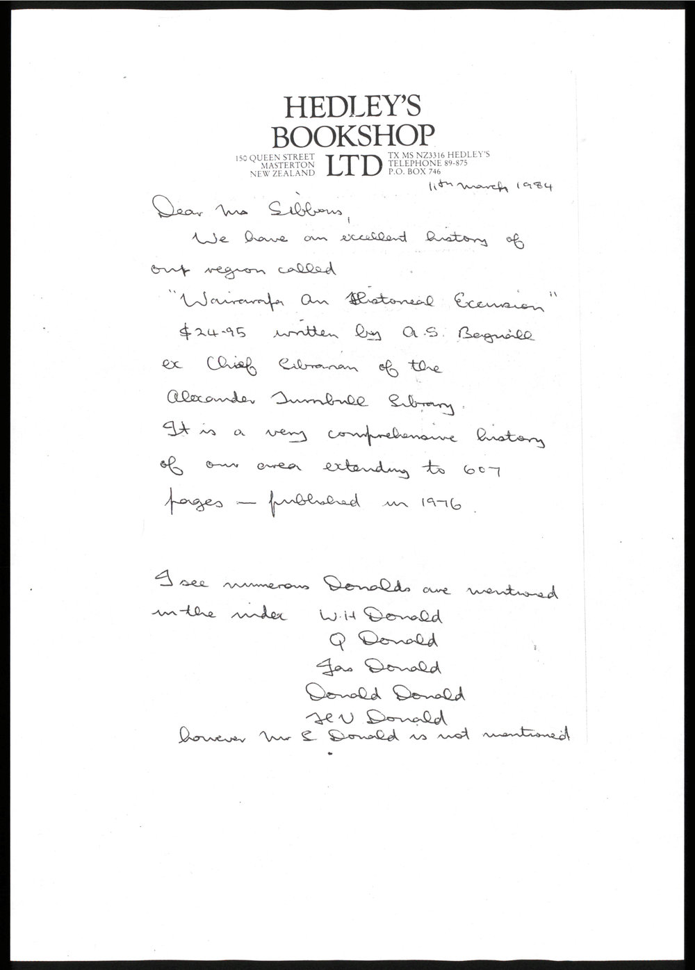 Letter from D.A. Hedley to Monica Gibbons