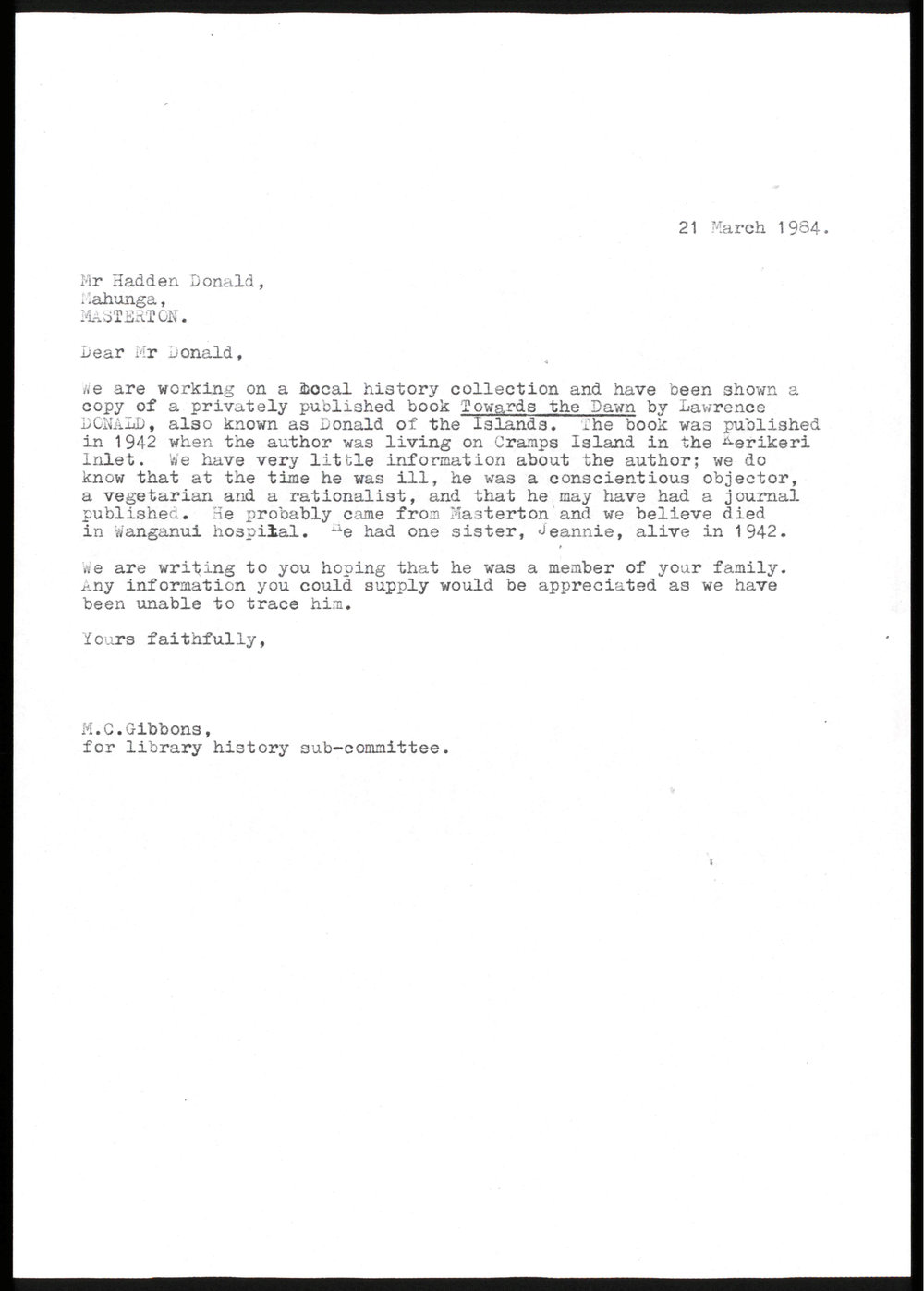 Letter from Monica Gibbons to Hadden Donald