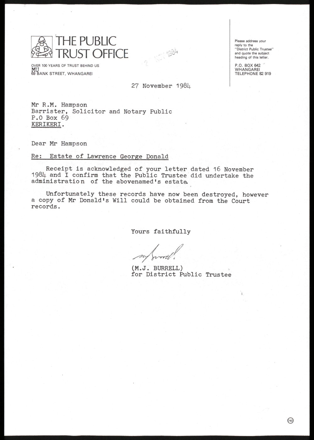 Letter from M.J. Burrell to R.M. Hampson 