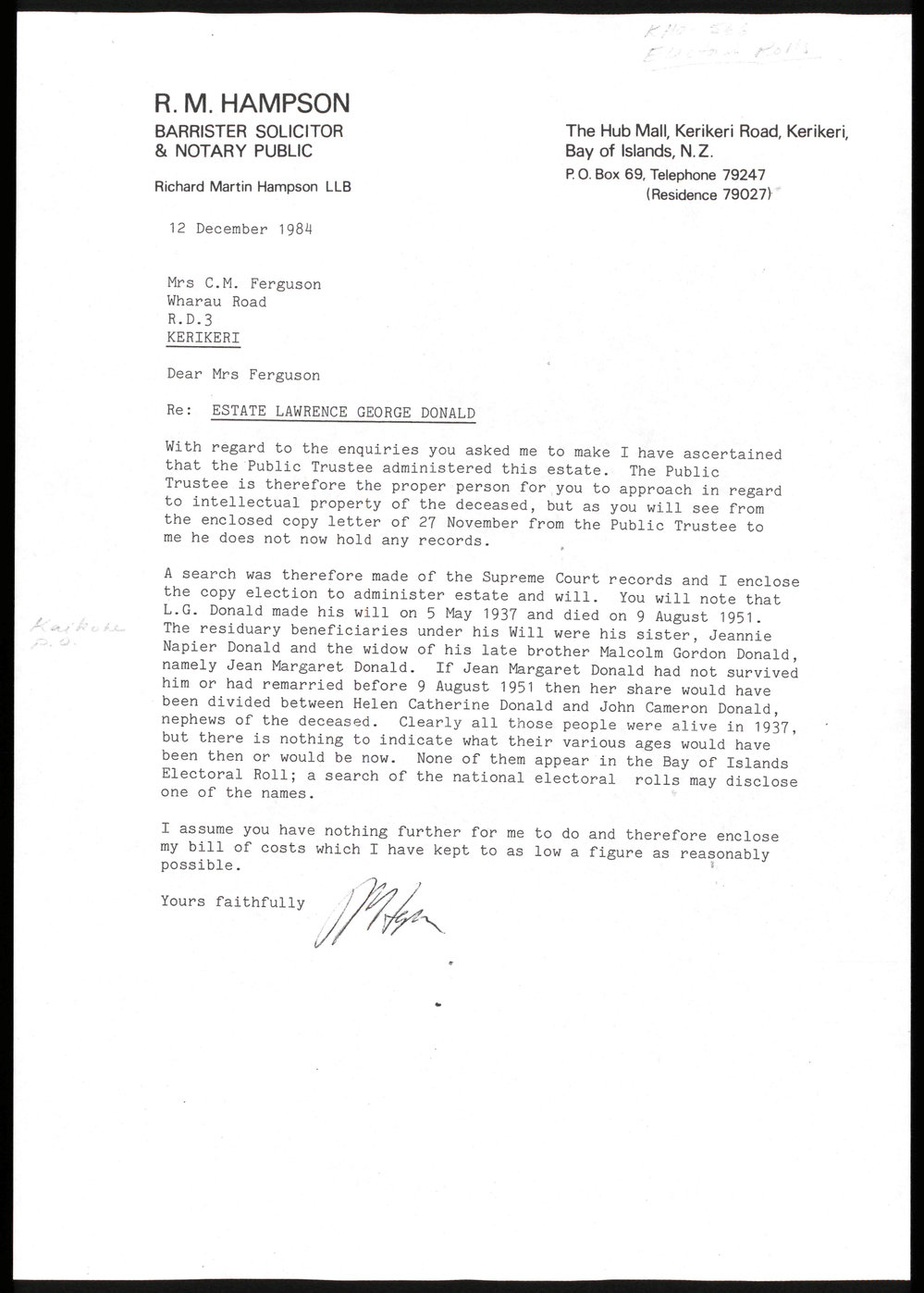 Letter from R.M. Hampson to C.M. Ferguson