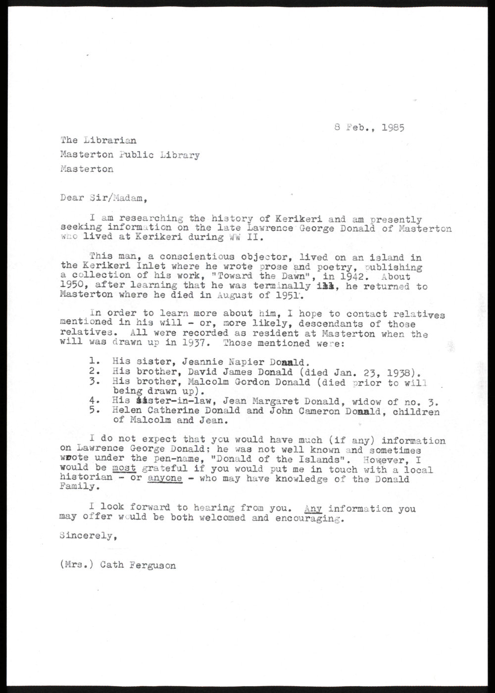 Letter from Catharine Ferguson to Masterton Public Library