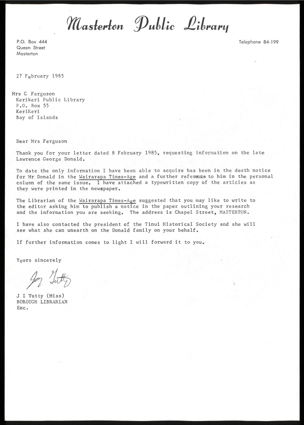 Letter from J.I. Tutty to Catharine Ferguson