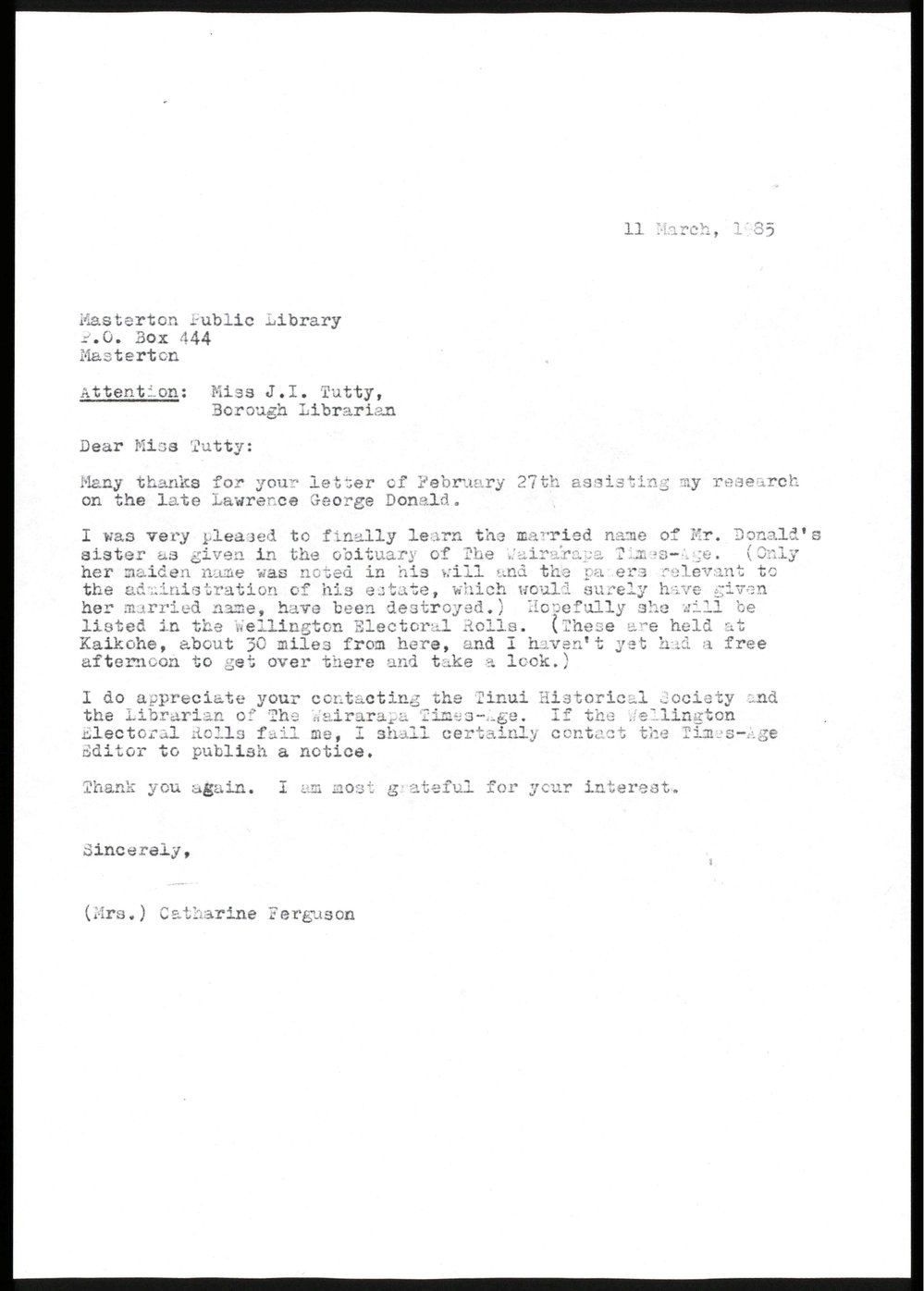 Letter from Catharine Ferguson to Masterton Library
