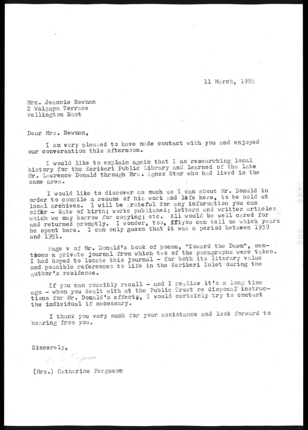 Letter from Catharine Ferguson to Jeannie Newman