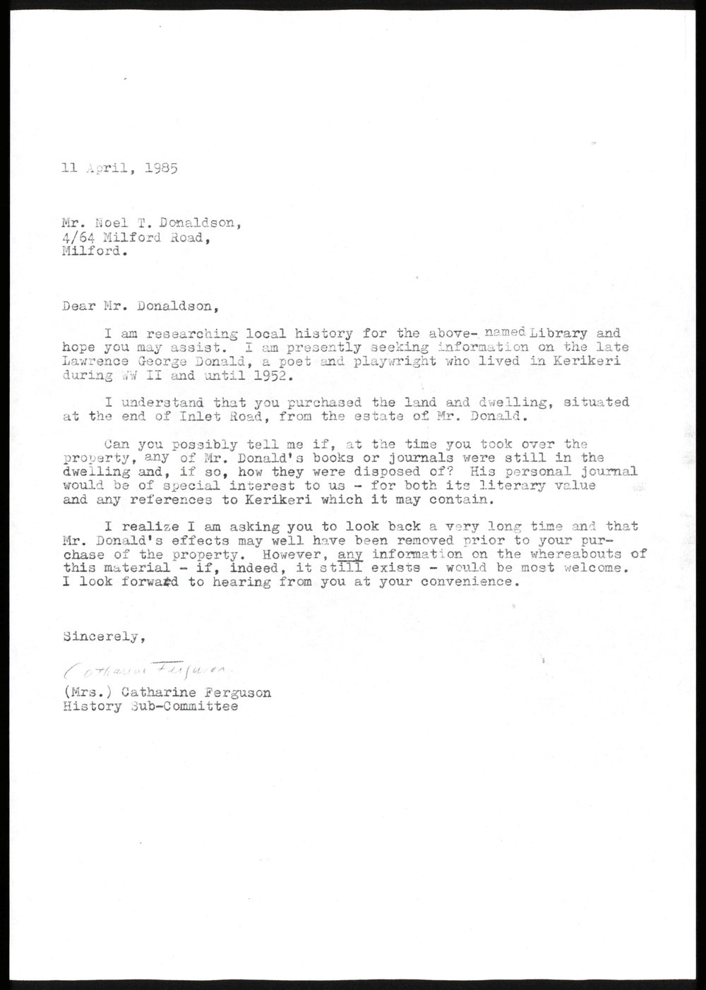 Letter from Catharine Ferguson to Noel Donaldson
