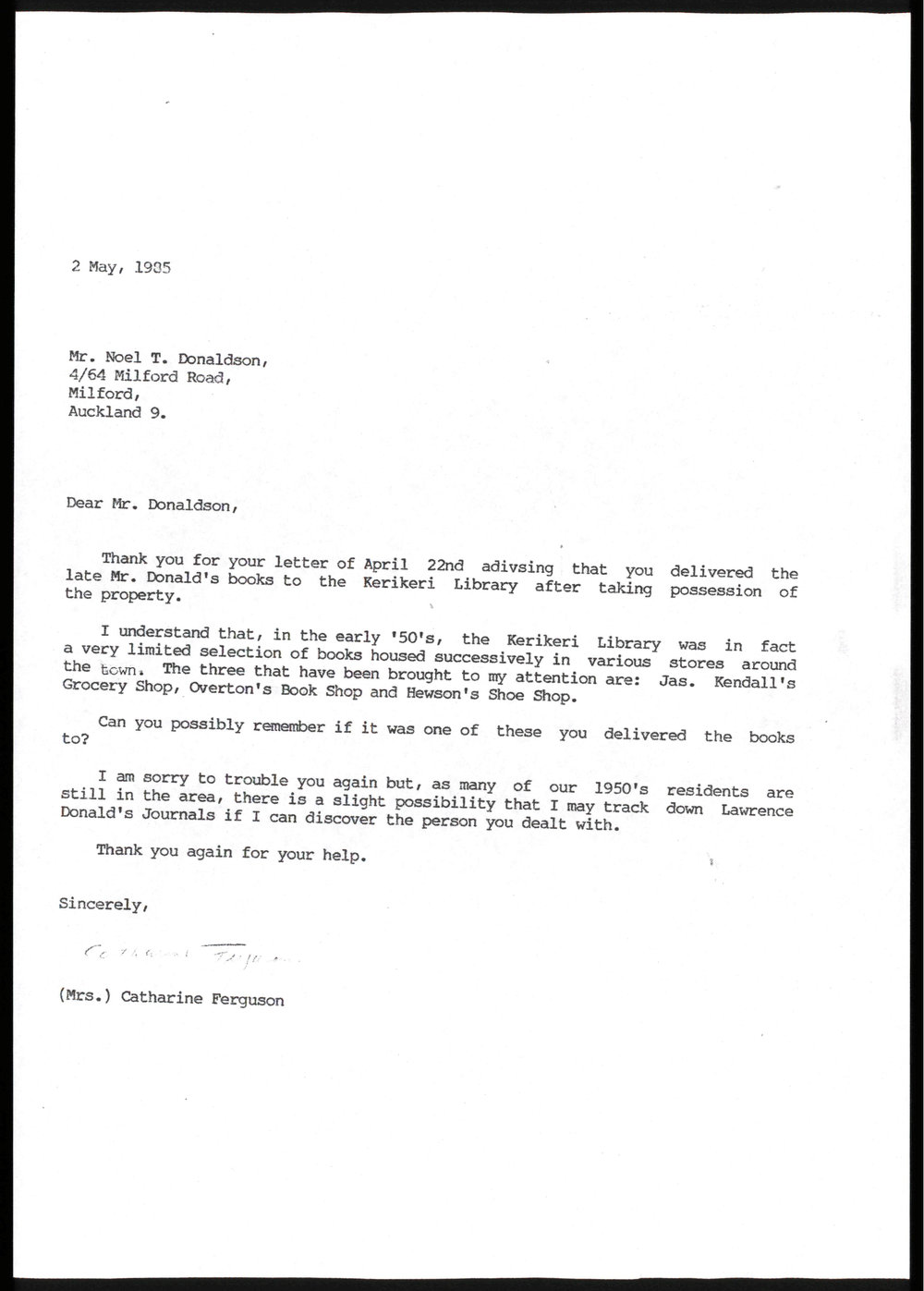 Letter from Catharine Ferguson to Noel Donaldson