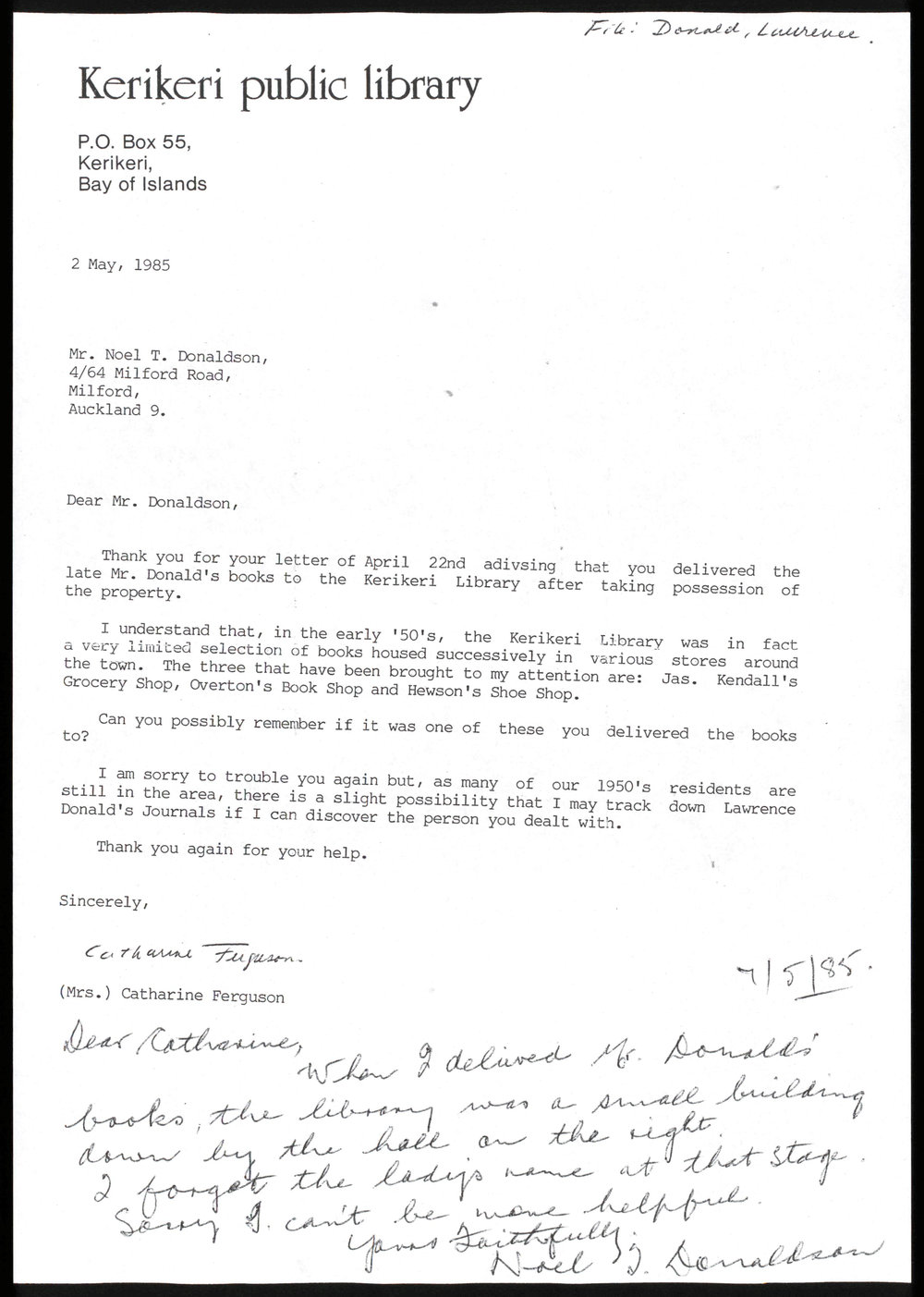 Letter from Noel Donaldson to Catharine Ferguson