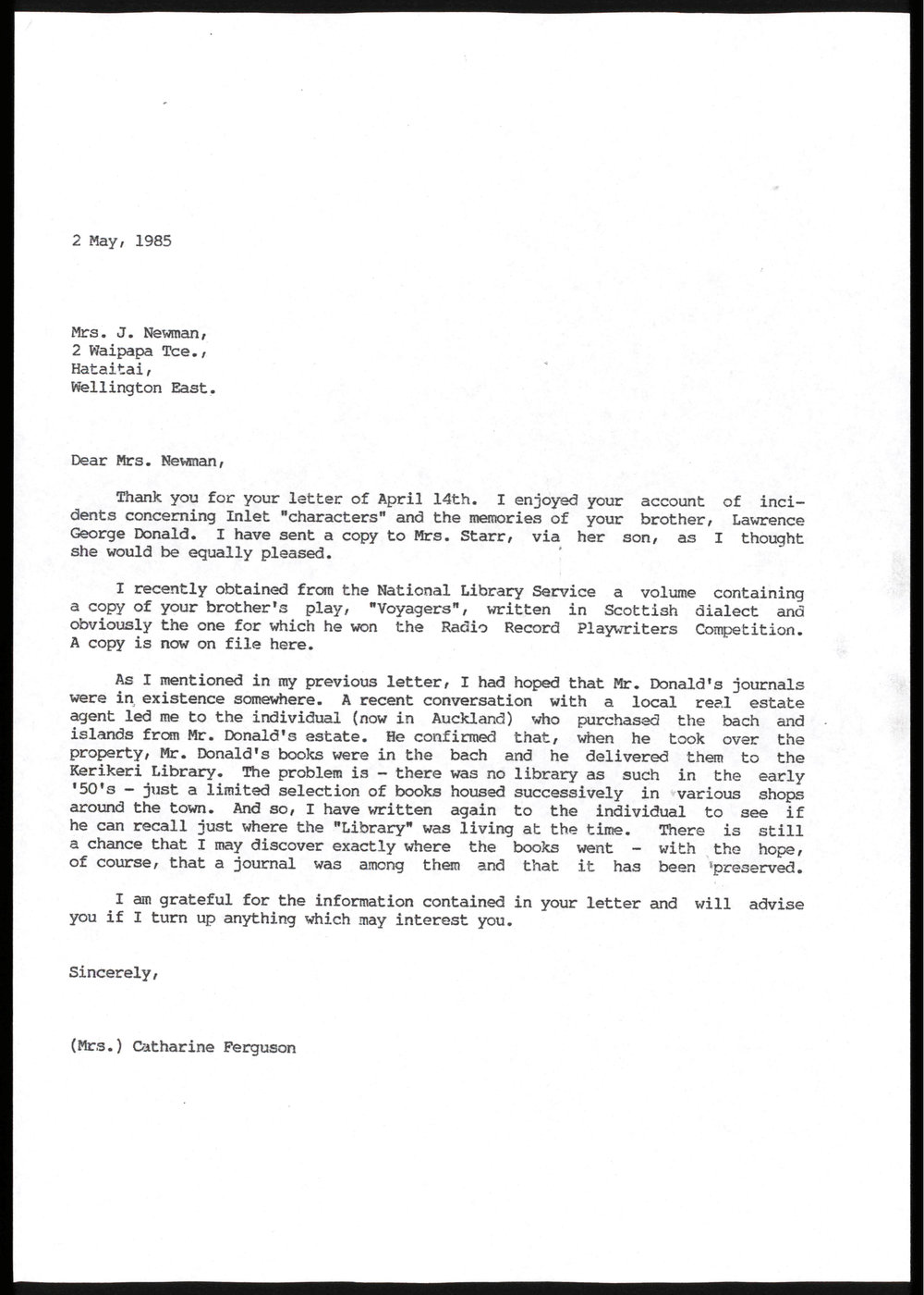 Letter from Catharine Ferguson to Jeannie Newman
