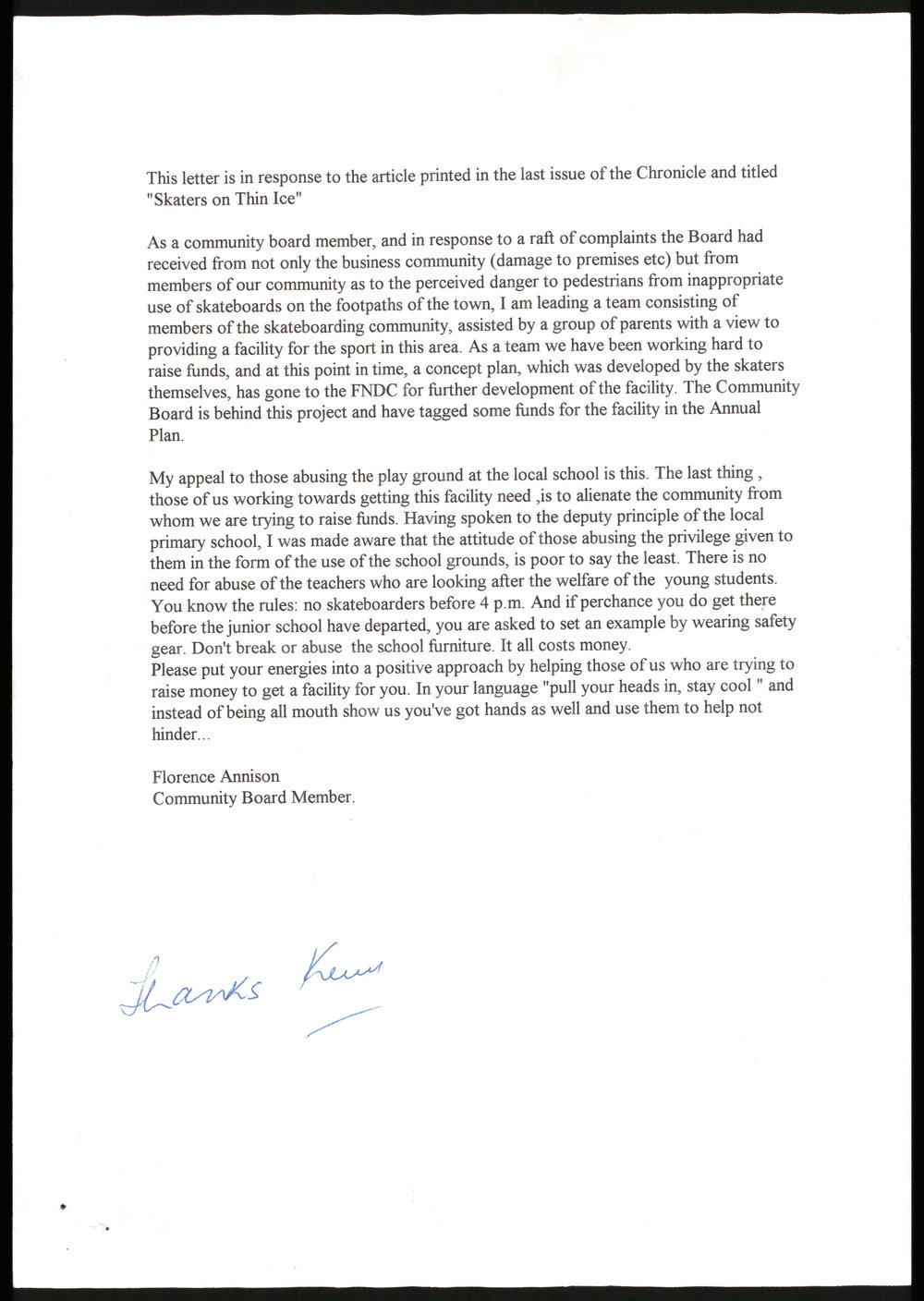 Letter of response from Florence Annison