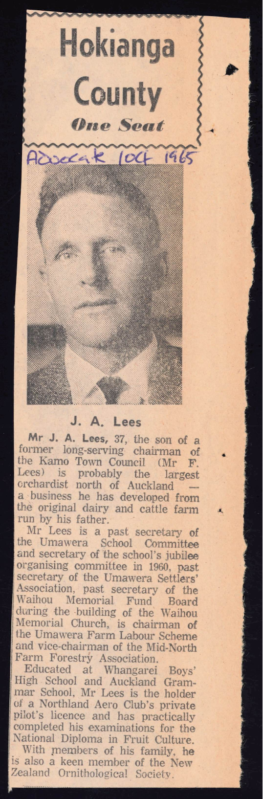 Hokianga County: One seat: J.A. Lees: D.J. Maxwell: W.F.G. White