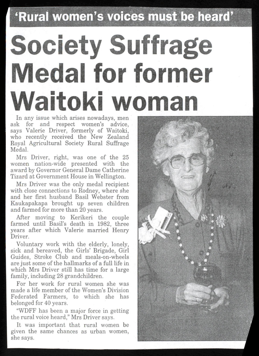 Rural women's voices must be heard' : Society Suffrage Medal for former Waitoki woman