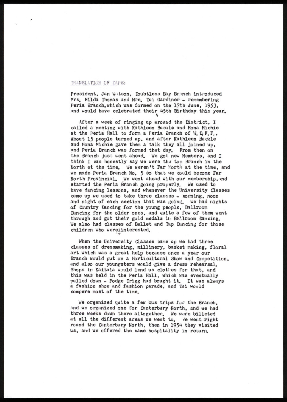 Formation and operation of the Peria Branch of the Women's Division, New Zealand Federated Farmers