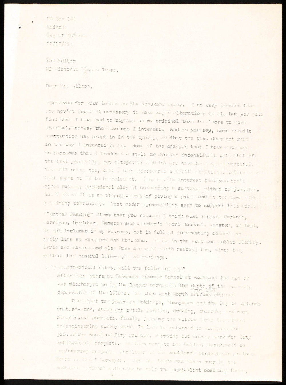 Letter from Jack Lee regarding his essay on the history of Kohukohu; with a short biography