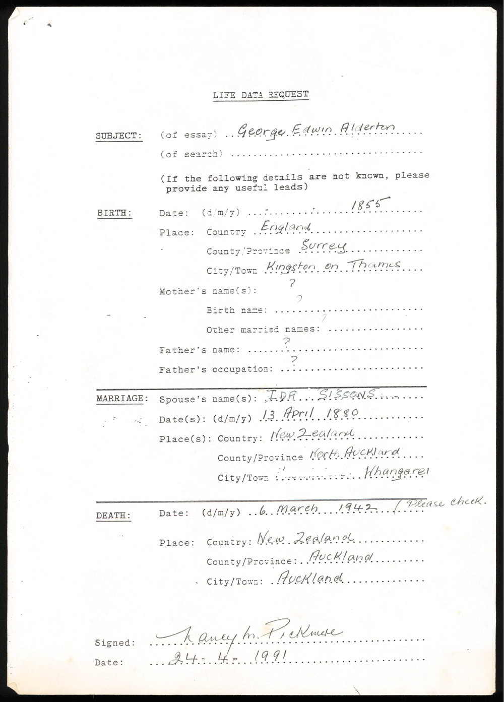 Life Data Request : George Edwin Alderton