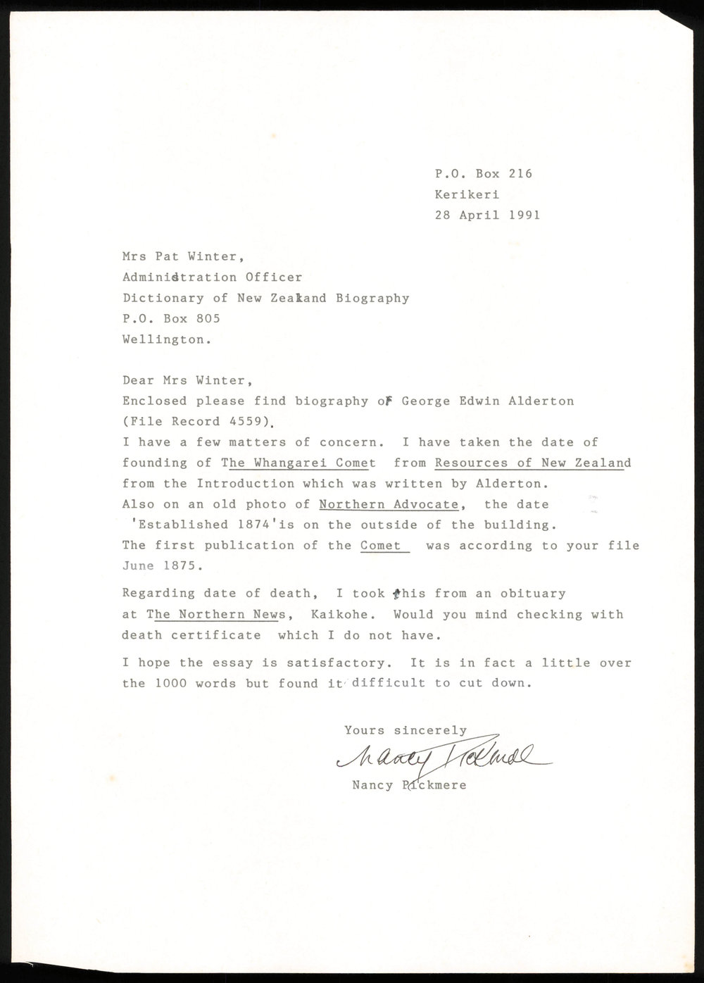 Letter from Nancy Pickmere to Pat Winter