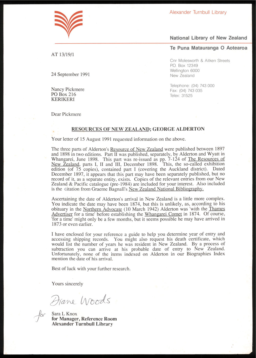 Letter from Sara L. Knox to Nancy Pickmere