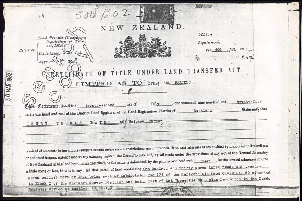 Certificate of Title for the land of Henry Thomas Bates