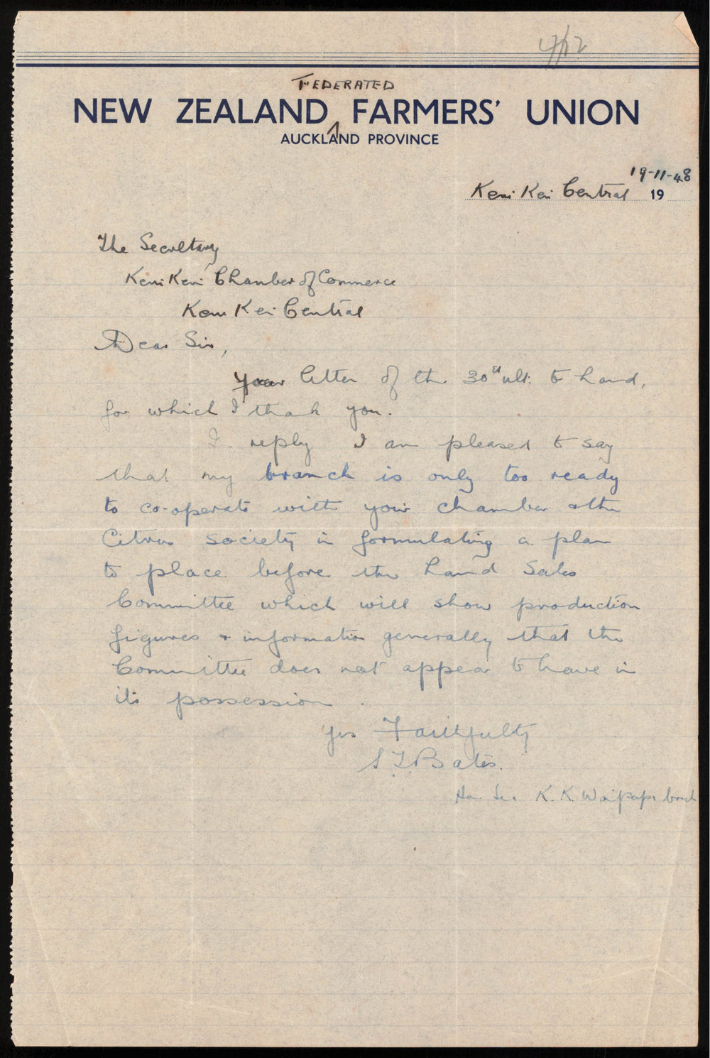 Letter from Stan Bates to the Kerikeri Chamber of Commerce
