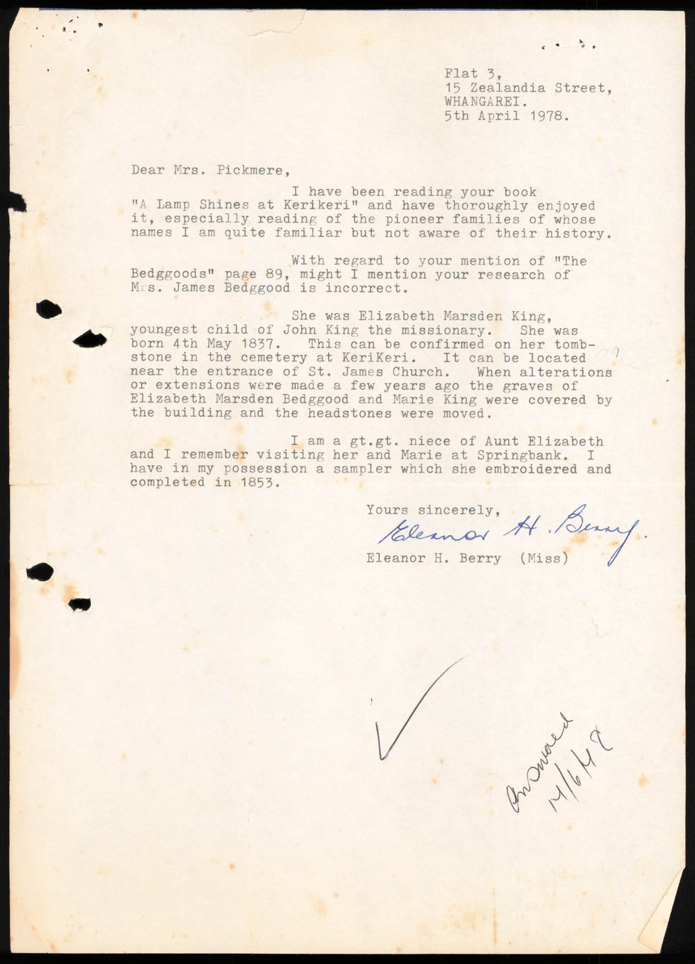 Letter from Eleanor H. Berry to Nancy Pickmere