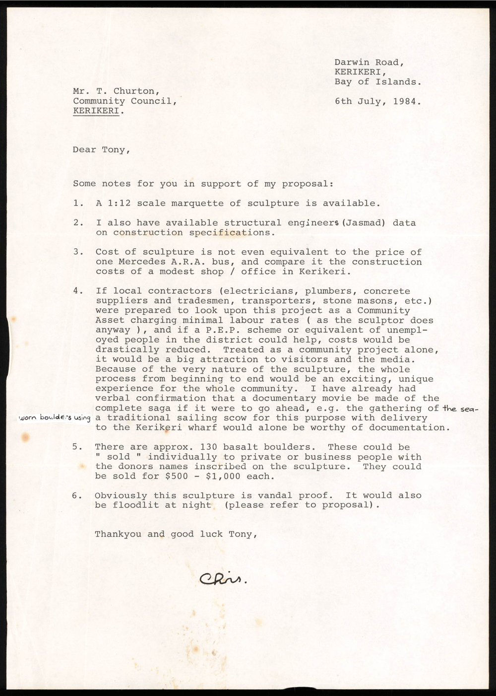 Letter from Chris Booth to Tony Churton